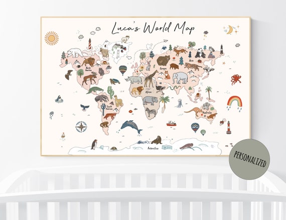 Animal World Map Print, Woodland Animal Nursery Decor, World Map Wall Art, neutral colors, World Map With Animals, gender neutral