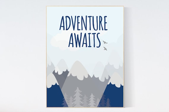 Nursery decor boy mountains adventure, nursery wall art woodland, adventure awaits nursery, nursery decor neutral, baby room decor mountains