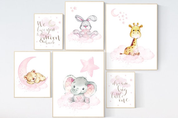 Nursery decor girl woodland, nursery prints set, Nursery decor jungle, nursery prints animal, pink nursery art, elephant giraffe bear bunny