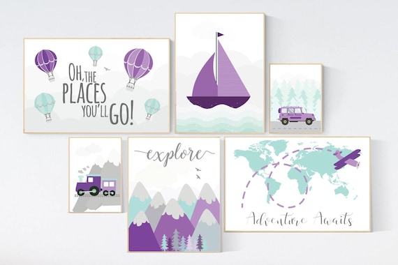 Adventure Nursery Prints: Purple Teal Mountain, Hot Air Balloon, World Map
