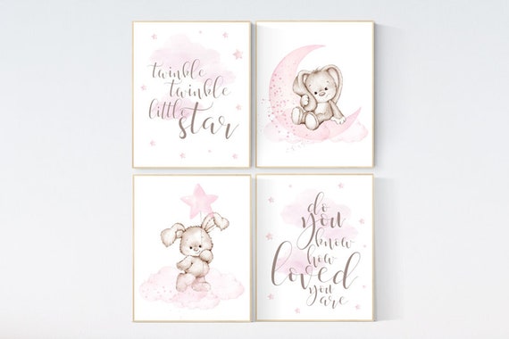 Nursery decor girl woodland, bunny nursery, rabbit nursery, animal prints, bunny nursery art, moon, twinkle twinkle little star, nursery art