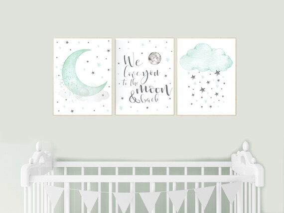 Mint nursery decor, gender neutral nursery, we love you to the moon and back, mint green, moon and stars, twin nursery wall decor, aqua