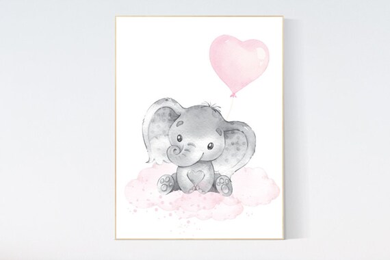 Nursery decor girl, elephant nursery, baby room decor girl pink and grey, girl nursery decor, star balloon, elephant nursery wall art