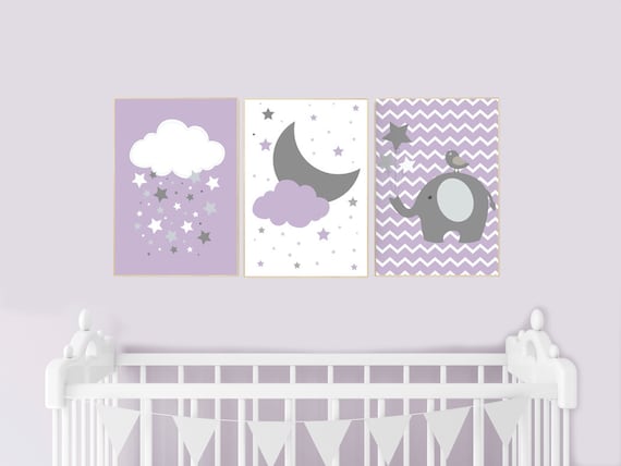 Nursery decor girl purple, cloud, moon and stars, purple nursery wall art, elephant nursery, girl nursery ideas, purple prints for nursery