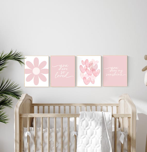 Flower nursery, flower prints for girls room, you are my sunshine, blush nursery, Girl bedroom art, heart print, girls room decor, baby girl