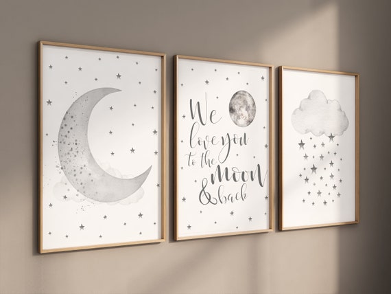 Nursery wall art grey, gray nursery, nursery decor neutral, baby room decor gender neutral, moon and stars, grey nursery decor baby room art