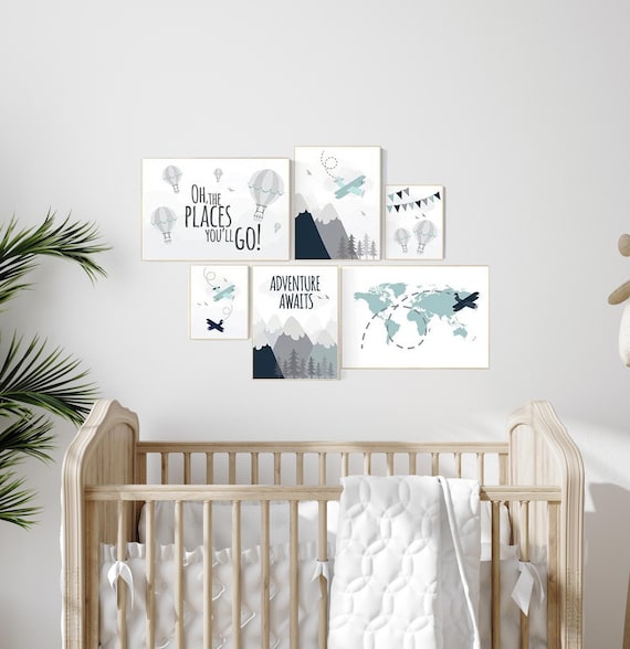 Adventure nursery decor, hot air balloon nursery, world map nursery, adventure awaits, woodland nursery decor, mountain nursery decor