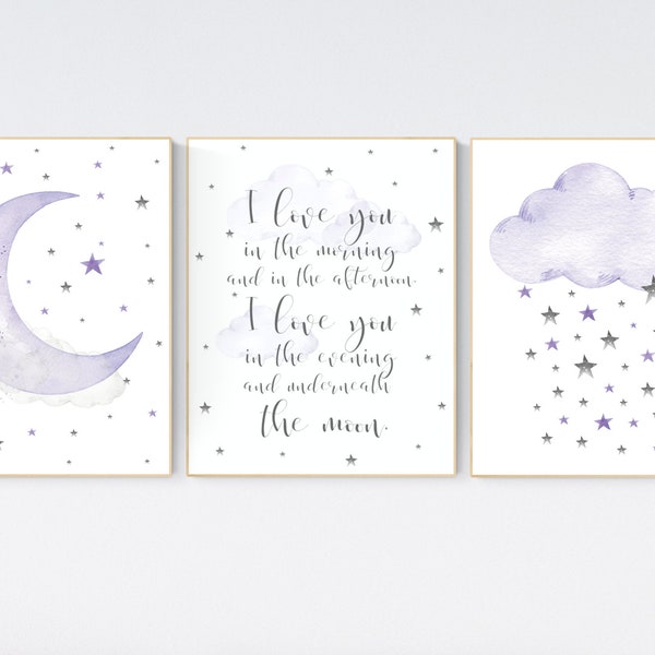 Nursery decor girl purple, nursery decor girl lavender and gray, lilac nursery, purple nursery, cloud, moon and stars, baby room wall, stars