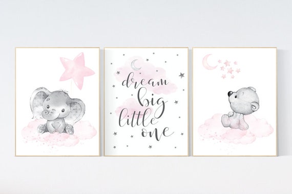 Nursery wall art girl elephant, nursery decor girl pink, dream big little one, nursery prints, baby room decor nursery room prints baby bear