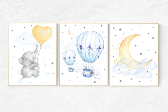 Nursery decor neutral, nursery wall art elephant, hot air balloon, cloud nursery decor, star and moon nursery wall art, gender neutral