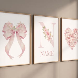 Pink Floral Nursery Wall Art Set of 3 - Bow Heart Name Print for Baby Girl - Custom Initial Poster - Elegant Baby Girl Room Decor