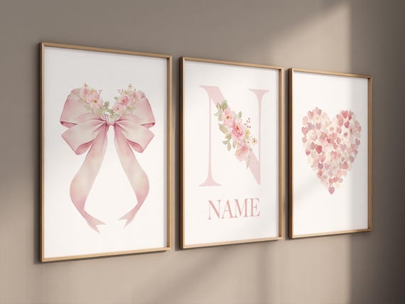 Pink Floral Nursery Wall Art Set of 3 - Bow Heart Name Print for Baby Girl - Custom Initial Poster - Elegant Baby Girl Room Decor