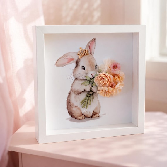 Princess Bunny Nursery Wall Art, Watercolor Rabbit with Crown, Floral Embellishments (9x9)