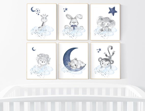 Nursery decor boy animals, nursery wall art boy, navy blue, animal prints for nursery, navy blue nursery wall decor, set of 6 prints