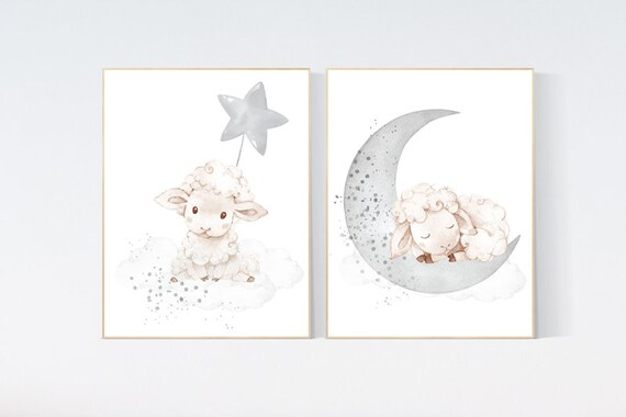 Sheep nursery decor, Gray nursery decor, nursery decor lambs, nursery wall art sheep, moon and cloud wall art nursery gender neutral nursery