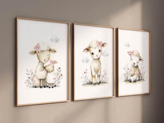 Lamb Nursery Wall Art Set of 3, Baby Sheep Prints, Pink Floral Nursery