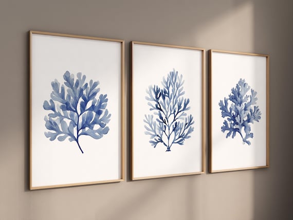 Blue Coral Wall Art Set – Coastal Ocean Bathroom Decor – Nautical Watercolor Seaweed Prints – Beach House Botanical Sea Poster Trio