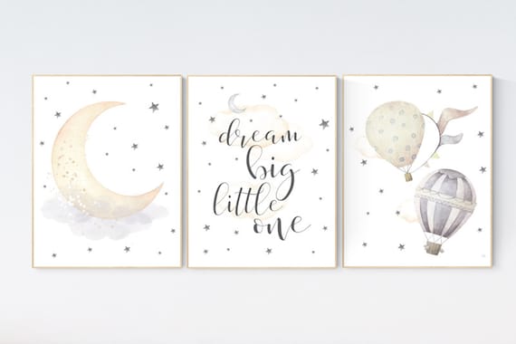 Nursery decor bear, nursery decor neutral, hot air balloon nursery art, dream big little one, moon and stars, neutral colors nursery decor