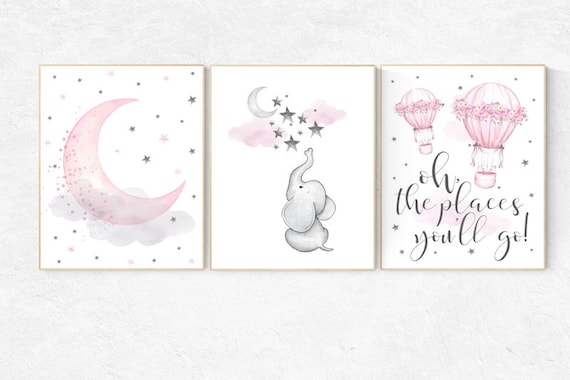 Nursery decor girl pink and gray, elephant nursery, hot air balloon, pink and grey, cloud and stars, oh the places you'll go, pink gray