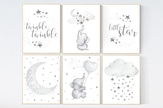 Nursery decor elephant, gray nursery, moon and stars, grey nursery, neutral nursery, gender neutral, elephant, unisex, neutral nursery