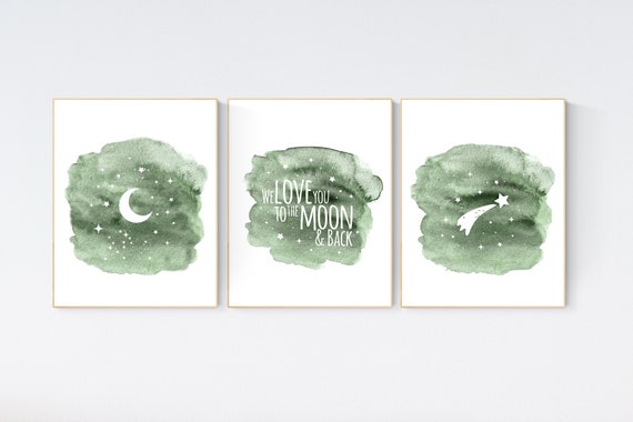 Nursery decor, sage green, gender neutral nursery, green nursery decor, moon nursery, we love you to the moon and back, moon and stars