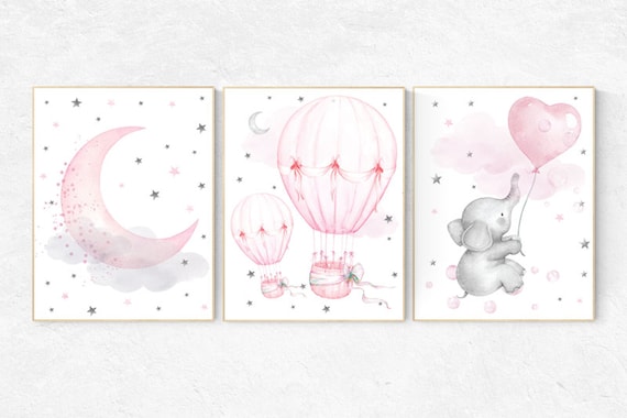 Nursery decor girl elephant, nursery wall art , hot air balloon, pink grey, cloud and stars nursery, oh the places you'll go, pink and gray