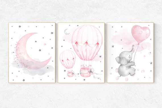 Nursery decor girl elephant, nursery wall art , hot air balloon, pink grey, cloud and stars nursery, oh the places you'll go, pink and gray