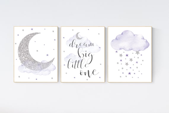 Nursery decor girl, moon and stars, Purple silver, lilac silver, baby room decor girl, lavender, cloud and stars, baby room, girl room ideas
