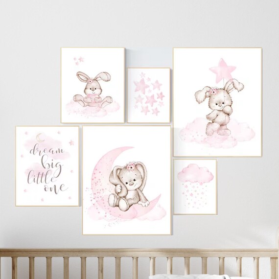 Nursery decor girl flower bunny, Nursery wall art girl, Rabbit nursery print, nursery print set girl, pink, watercolor bunny nursery print,