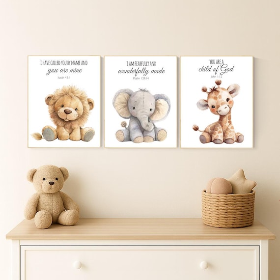 Plush Safari Animal Bible Verse Wall Art – Elephant Giraffe Lion Nursery Prints, Scripture Art, Christian Baby Room Decor Set