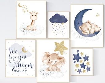 Nursery decor boy elephant, bear, giraffe, nursery wall art boy, navy Blue gold, moon and stars, boy nursery decor, animal nursery print set