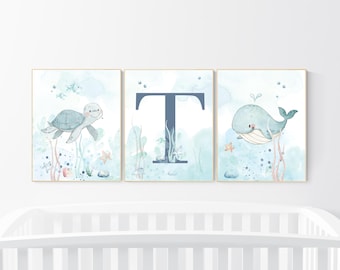 Printset oceaankwekerij: aquarel zeedieren muurkunst