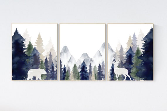 Woodland Nursery Prints, Mountain Print, sage nursery, nursery decor boy mountain, adventure theme nursery, forest, woodland animals