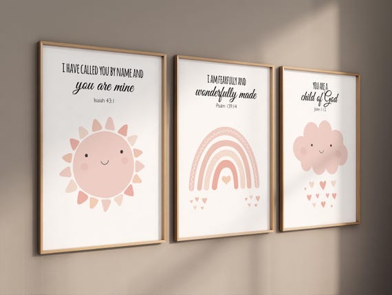 Pink rainbow wall decor, Nursery prints rainbow, Blush nursery wall art, bible verse, christian art, sun nursery art, Cloud, rainbow prints