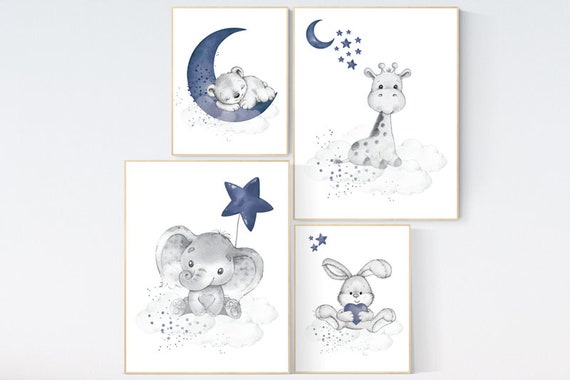 Navy nursery, Nursery decor boy elephant, giraffe, boy nursery walll decor, moon and stars, navy nursery, boy nursery art, animal prints