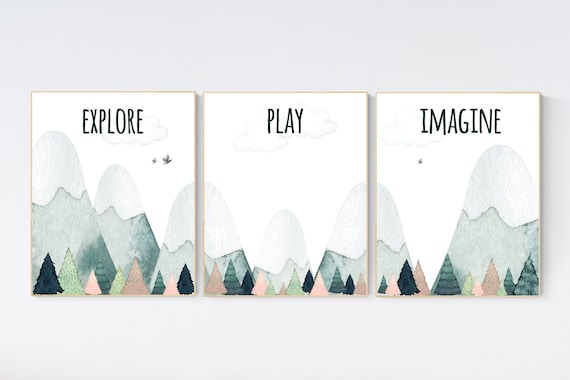 Nursery decor boy mountain, adventure nursery, adventure theme nursery, woodland, gender neutral, explore, play, imagine, mountains nursery