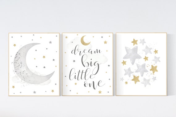 Nursery wall art grey, gray gold nursery, nursery decor neutral, baby room decor gender neutral, moon and stars, grey gold, baby room art