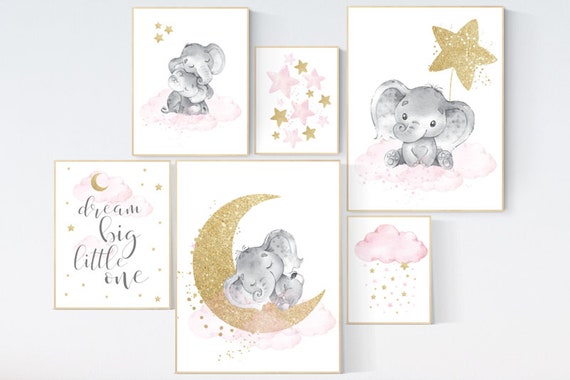 Nursery decor girl, Nursery decor elephant, baby room decor girl gold and pink, gold nursery art, to the moon and back, cloud stars nursery