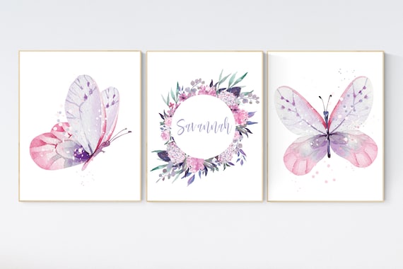 Purple pink nursery, nursery decor girl name, butterfly nursery wall art, Nursery decor girl purple and pink, lavender, lilac, girl nursery