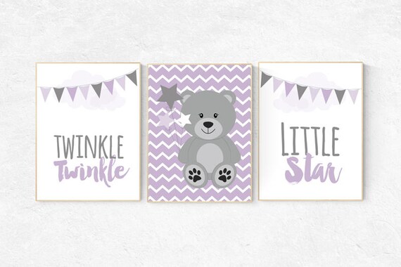 Twinkle Twinkle Little Star, Purple nursery decor, teddy bear nursery, baby girl nursery wall art, new baby gift, purple gray nursery Purple