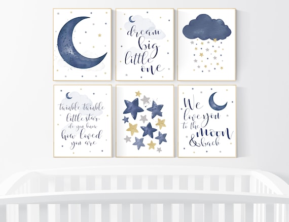 Nursery decor navy silver gold, moon and stars, navy blue, moon, cloud and stars, navy gold nursery, we love you to the moon and back