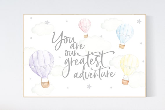 Hot air balloon nursery, gender neutral, pastel color, you are our greatest adventure, twin nursery, unisex, pink, blue, yellow, purple