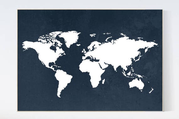 Navy World Map print, navy nursery decor, world map nursery, Nursery print, nursery decor boys, Kid's Room Decor, world map wall art