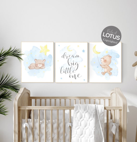 Nursery decor bear, blue and yellow, bear nursery print, teddy bear decor, nursery wall decor, gender neutral nursery, dream big little one