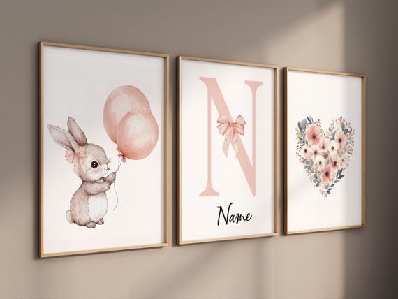 Personalized bunny nursery art, custom baby name print, blush pink balloon nursery decor, floral heart baby room print, rabbit nursery