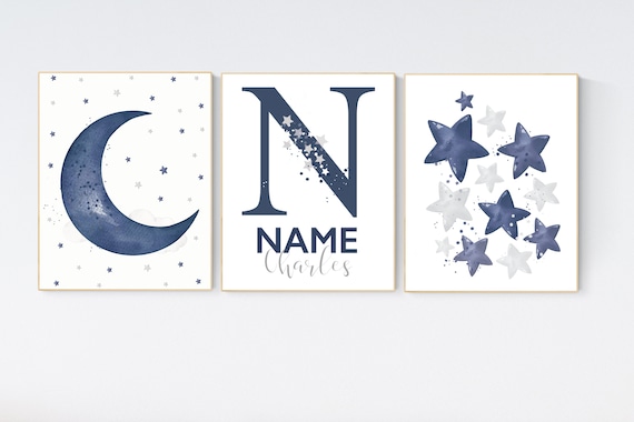 Nursery decor boy, navy nursery wall art boy, moon and stars, navy blue, dream big little one, navy nursery set, star nursery, baby room art