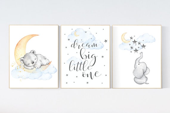 Nursery wall art elephant, nursery decor neutral, dream big little one, moon and stars, bear nursery, twin nursery, gender neutral baby