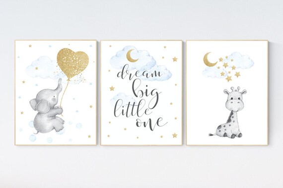 Nursery decor boy elephant, blue and gold nursery, dream big little one, blue nursery wall art, cloud and stars, baby room decor, wall art