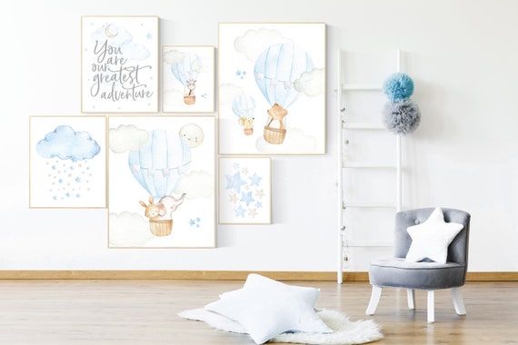 Nursery decor boy neutral, nursery decor boy travel, you are our greatest adventure hot air balloon, nursery wall art animals, moon and star