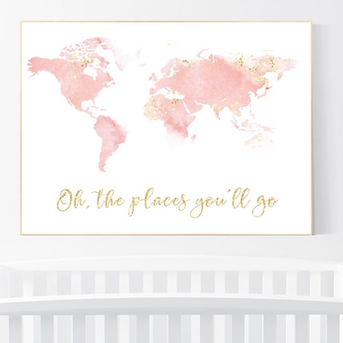 Blush Pink Watercolor World Map Nursery Baby Girl Room Etsy